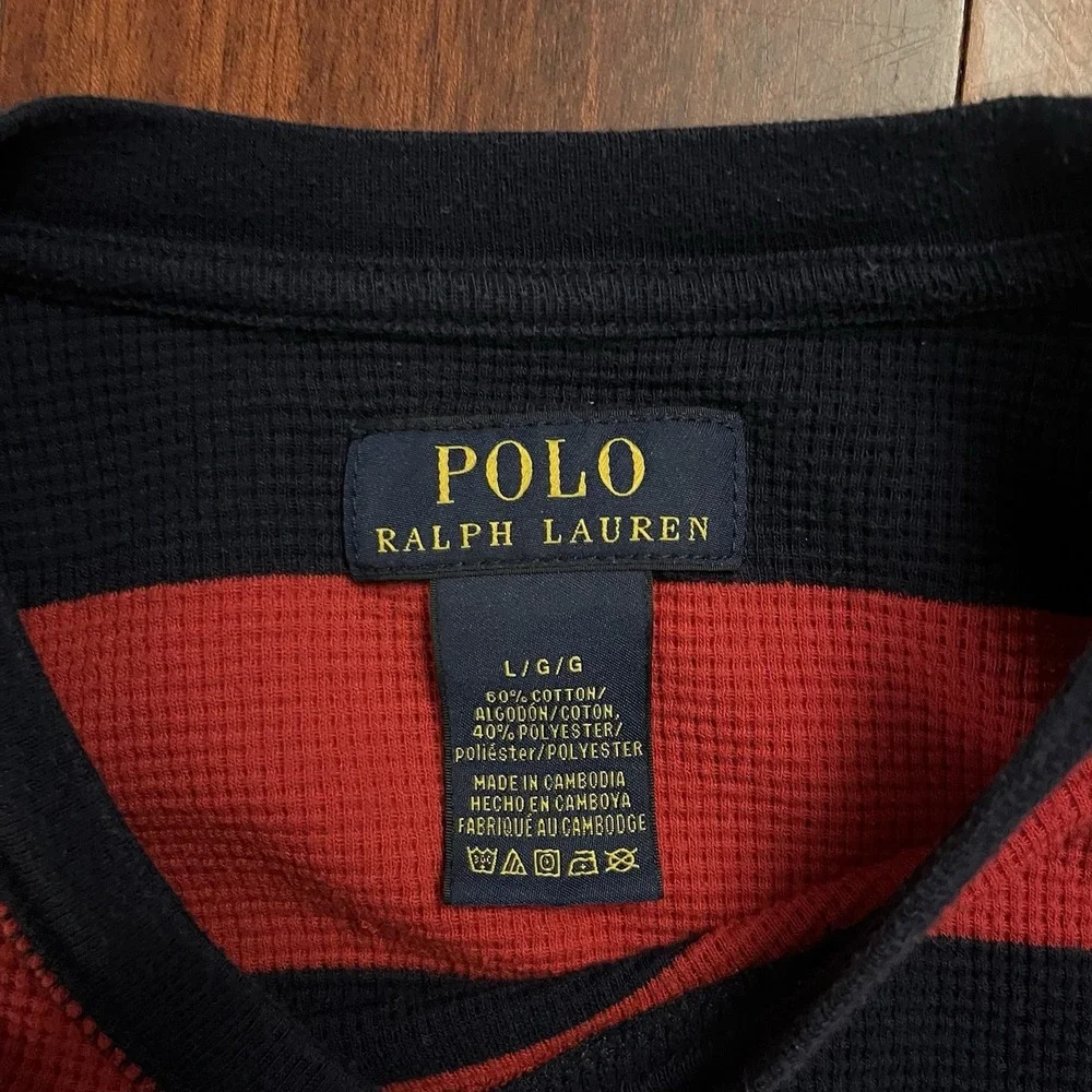 Polo Ralph Lauren Waffle Knit Thermal Shirt Mens Large Red Navy Blue Striped L - Picture 4 of 10
